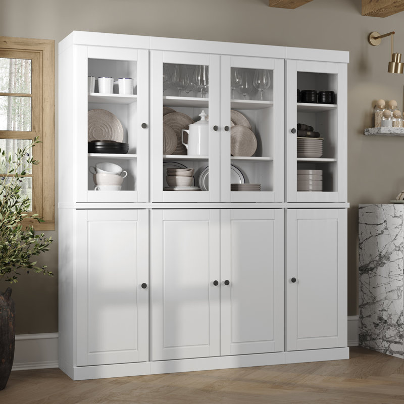 Grande armoire de cuisine en bois massif avec portes en verre Lodman, Blanc