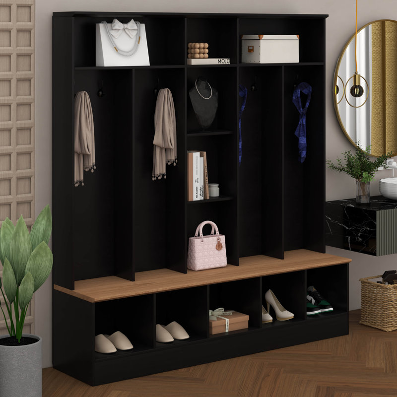 4-In-1 Wide Design Hall Tree With Storage Bench, Minimalist Shoe Cabinet With Cube Storage & Shelves, Coat Rack With 8 Hooks