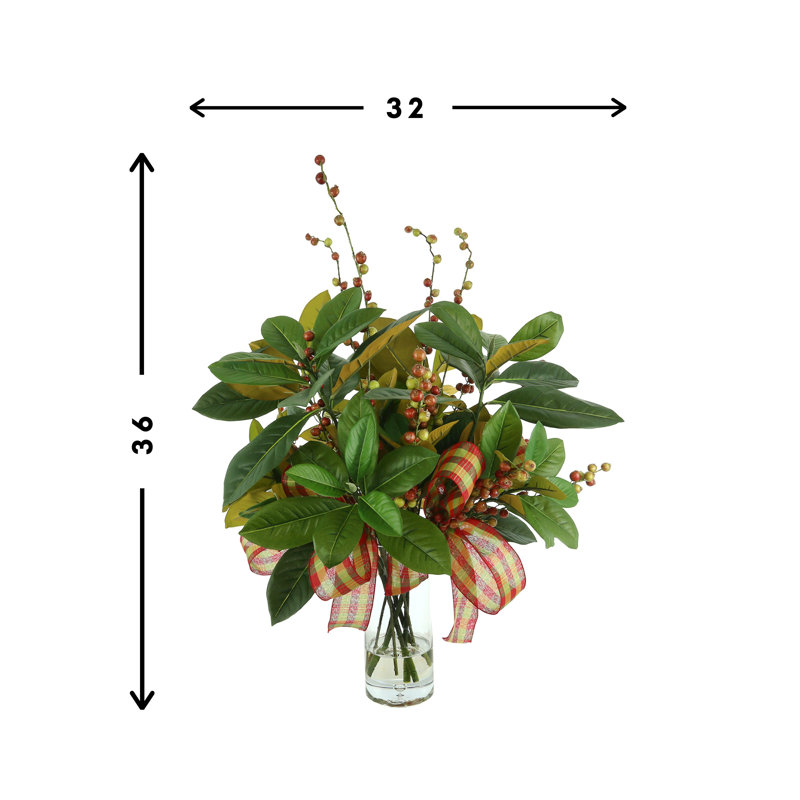 Magnolia Leaf And Berry Holiday Arrangement With Plaid Bows