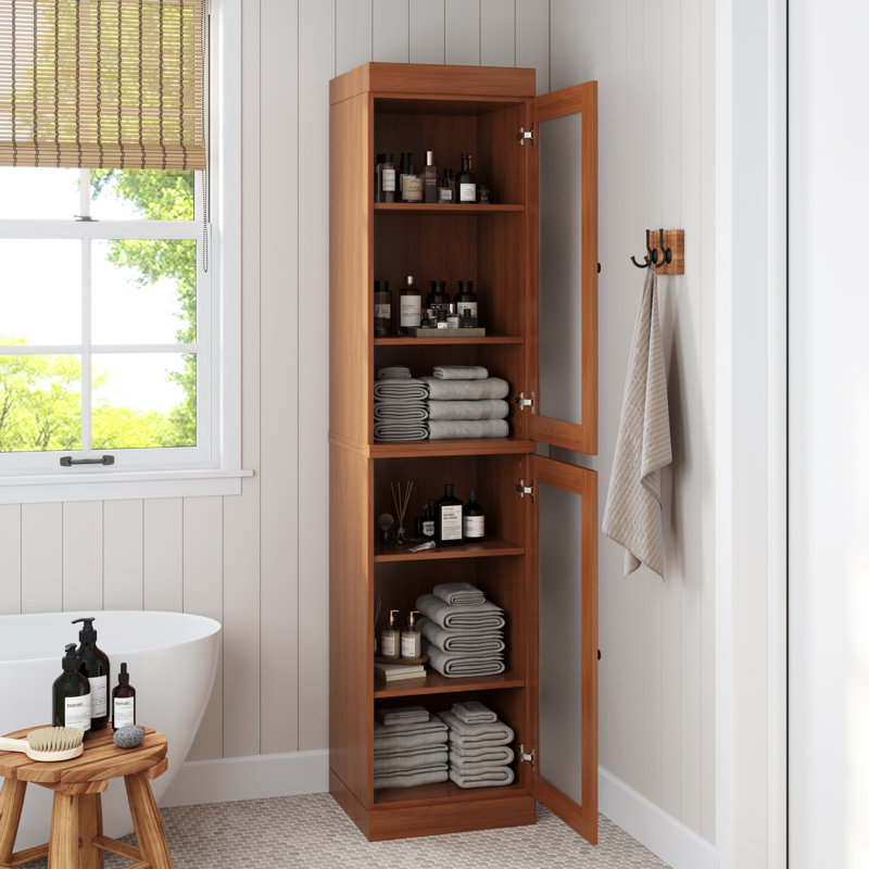 Palace Imports 100% Solid Wood Bathroom Storage Cabinet, Frosted Glass Doors, Adjustable Shelves, 16.5" Wide, 71.5" Tall