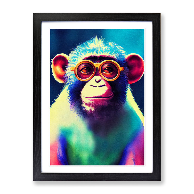 Neon Monkey No.4 - Wall Art, 64cm H x 46cm W x 2cm D, Black Framed