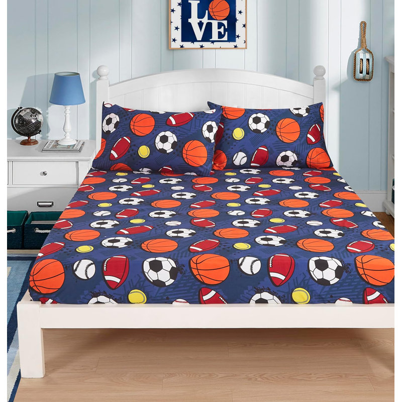 Twin White and Navy Sports Print Microfiber Sheet Set
