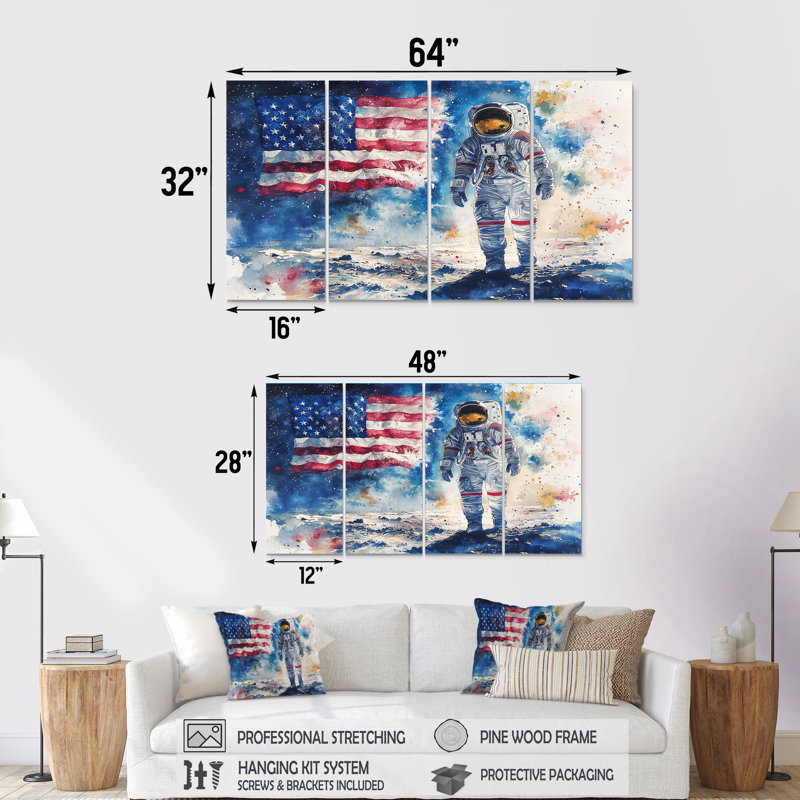 Drapeau des États-Unis sur l'atterrissage de la lune IV - Art mural espace - ensemble d'astronomie murale 4 pièces