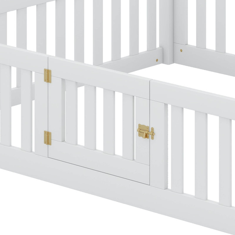 Wood House Bed With Fence And Door, White, Full