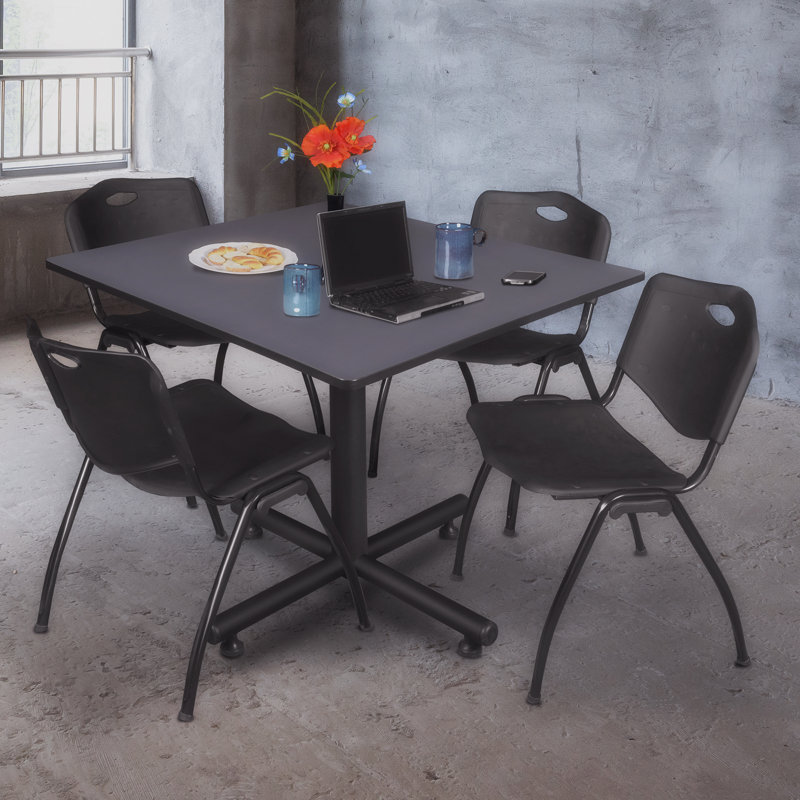 Kobe Square X-Base Breakroom Table, 4 M Stack Chairs, Grey, Black, 48"