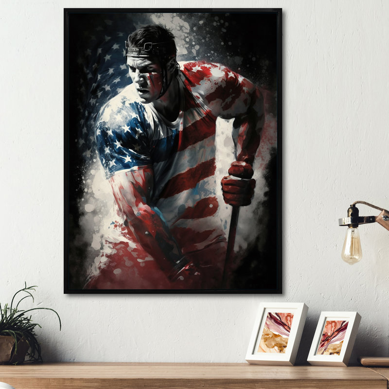 Hockey jouant sur la patinoire - Impression sur toile, H 40 po x l 30 po x P 1,5 po, Cadre flottant noir