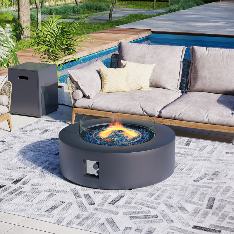 Elanie 40.5-Inch Round Iron Propane Outdoor Fire Pit Table with Tank Cover, Lid, Rain Cover and Wind Guard, Dark Gray