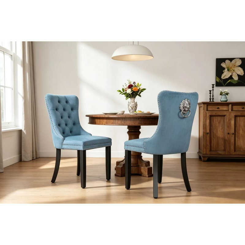 Chaises de salle à manger modernes à oreilles, capitonnées en velours et recouvertes de bois massif (lot de 2), Bleu
