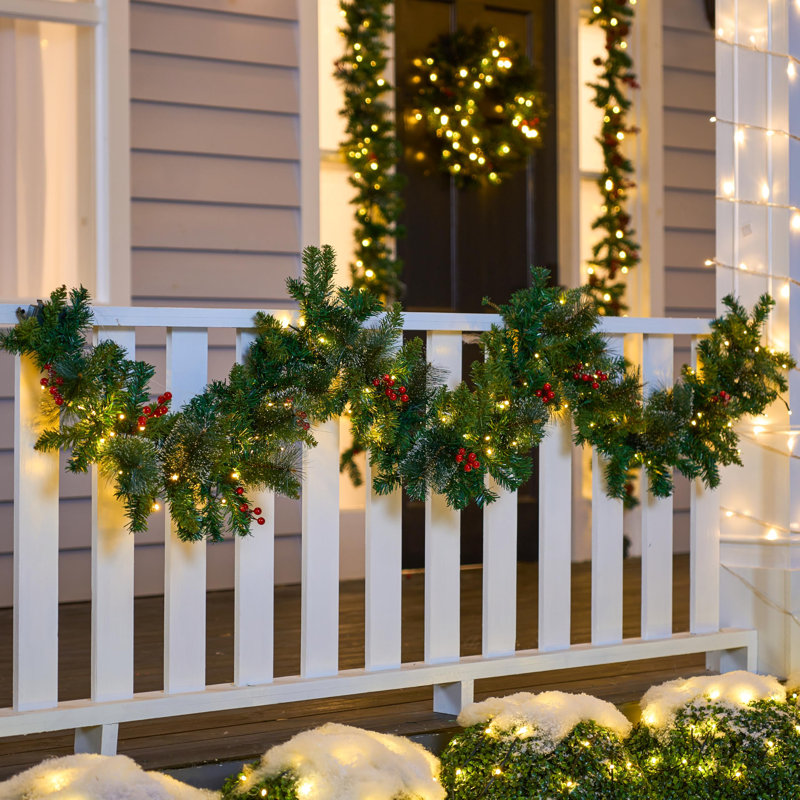 9 Ft Pre-Lit Christmas Garland with 100 Count Warm White Lights & Red Berries