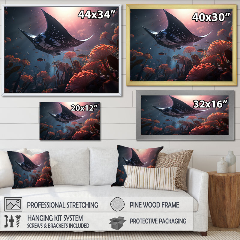 «Manta Rays Drifters Landscape I», reproduction sur toile, H 30 po x l 40 po x P 1,5 po, Cadre naturel flottant