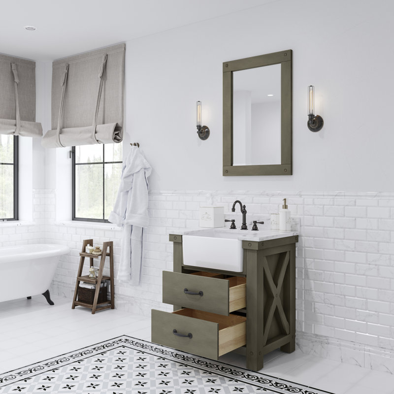 Paisley 30 In. Single Sink Carrara White Marble Countertop Vanity In Rustic Sienna With Mirror, Rostic Sienna