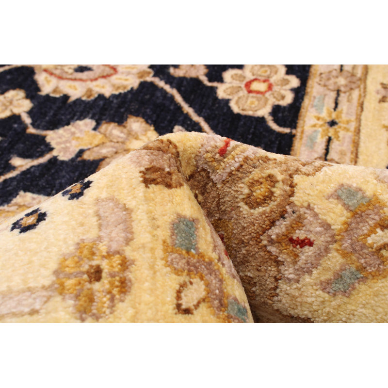 Tapis bleu marine foncé en laine noué à la main de conception unique 8 pi x 10 pi 3 po New Age