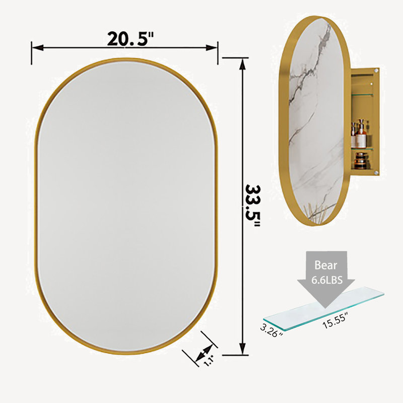 Miroir ovale encastré avec rangement pour pharmacie, Doré