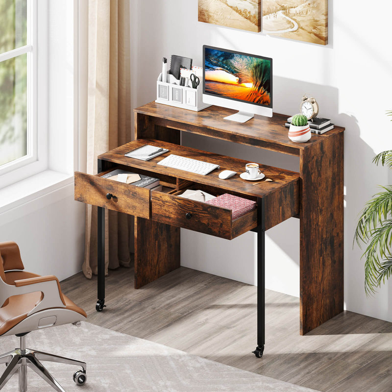 Bureau d'ordinateur extensible 39,5 "avec tablette 2 niveaux et 2 tiroirs, Brun / Noir
