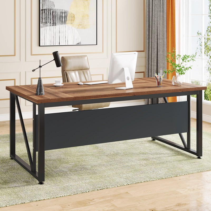 Quantavia Iron Computer Desk, Black, Dark Walnut