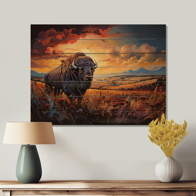 Art amérindien Bison Spirit II sur bois, H 10 po x l 20 po x P 0,78 po