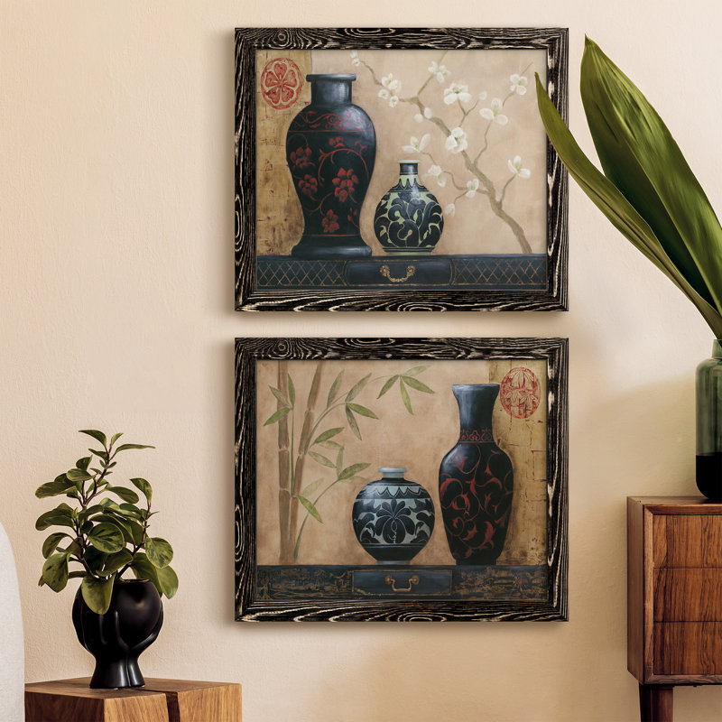 Asian Calm I - ensemble de 2 peintures sur toile encadrées, H 24 po x l 36 po x P 1,5 po, Cadre noir