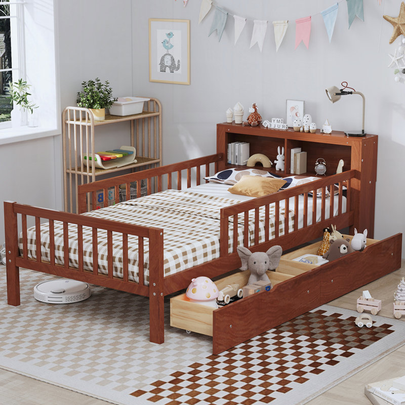 Wooden Bed with Two Under-Bed Drawers, Walnut