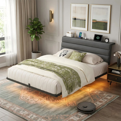 Floating Bed Frame with LED Lights, Visual Floating Bed With Charing Station, Metal Platform Bed With Stable Structure