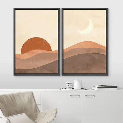 Sun & Moon Dune Minimal Landscape Modern Neutral Boho Decor Framed Canvas 2 Pieces Print Wall Art