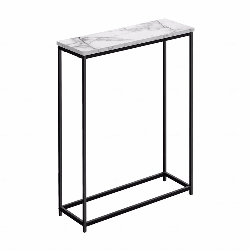 Narrow Sofa Console Table, Accent Entryway Living Room Bedroom, White Marble Look Laminate Black Metal Contemporary Modern