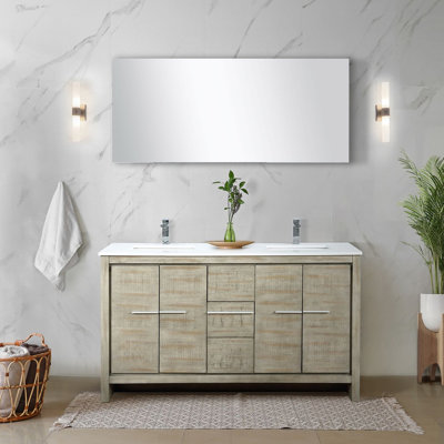 Ensemble de meuble-lavabo double en acacia rustique l 60 po x P 20 po, plateau en quartz blanc, ensemble de robinets en or rose et miroir de 55 po