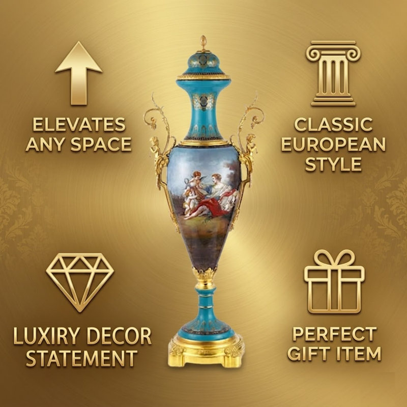Pot en porcelaine sarcelle et bronze à motif de chérubin rococo sarcelle, urne de 53 po de hauteur - pièce maîtresse de style vintage pour le vestibule, le salon et la salle à manger