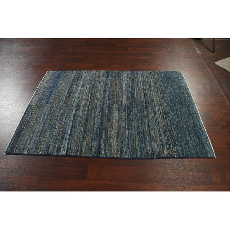 Tapis bleu en laine noué à la main de conception unique 4 pi 1 po x 6 pi 1 po New Age