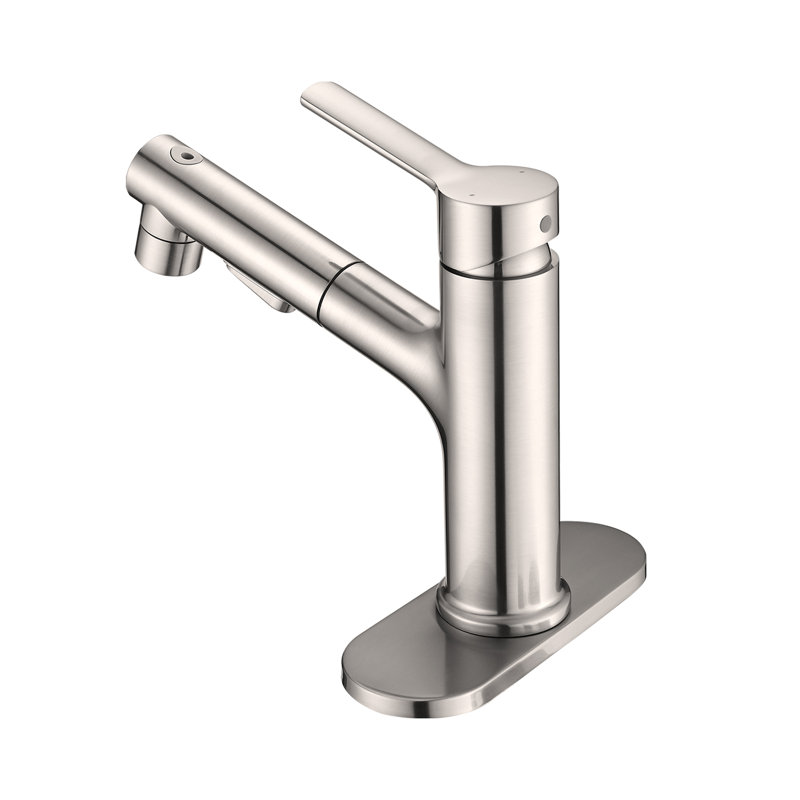 Pull Out Bathroom Faucet, Single Hole Bathroom Sink Faucet with 3 Sprayer Modes Pull Down Sprayer, Brushed Nickel