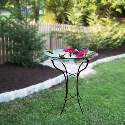 Glass Birdbath with Metal Stand, Floral Hummingbird Bird Bath Bowl for Outside, 26"H
