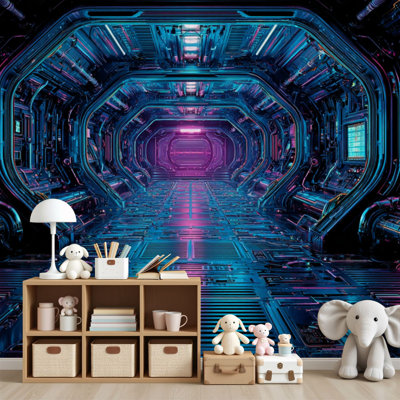Papiers peints et adhésifs à haute technologie de contrôle Interfaces Panneaux métalliques Futuriste Spacecraft, papier peint mural H 69 po x l 96 po, amovible, papier peint mural en PVC, autocollant pour chambre à coucher, bureau à domicile