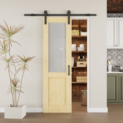 Solid Pine And Frosted Glass Sliding Barn Door With Installation Hardware Kit(No Assembly Required)