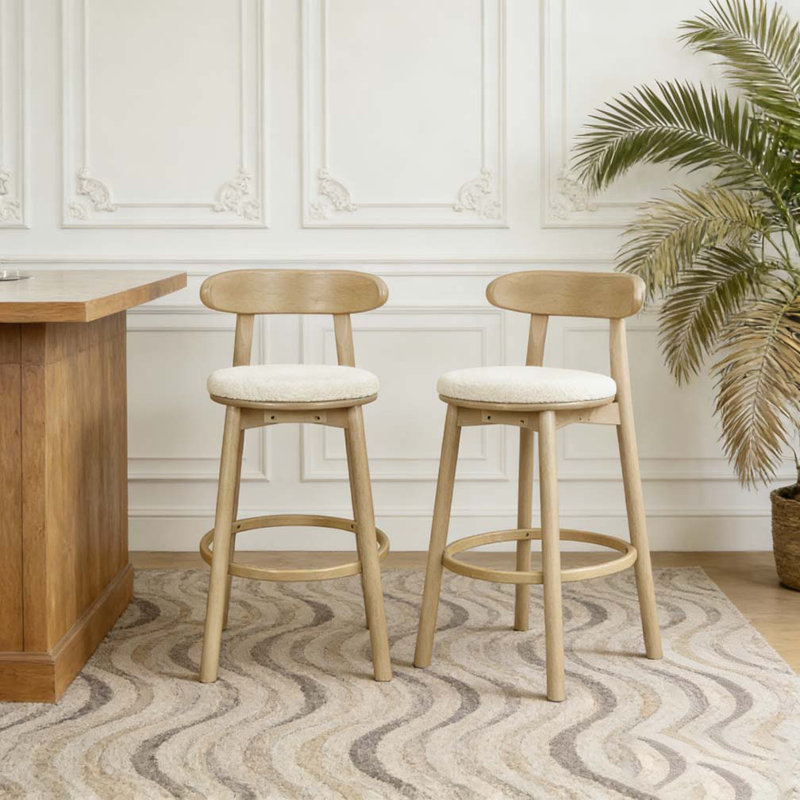 Tabourets de bar ronds à coussins, Beige, frêne naturel