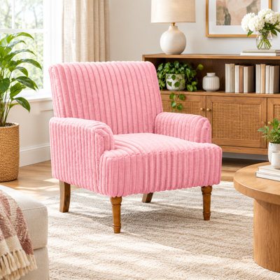 Fauteuil d'appoint rembourré rose en velours côtelé avec pieds en bois massif de 9 pouces Pink