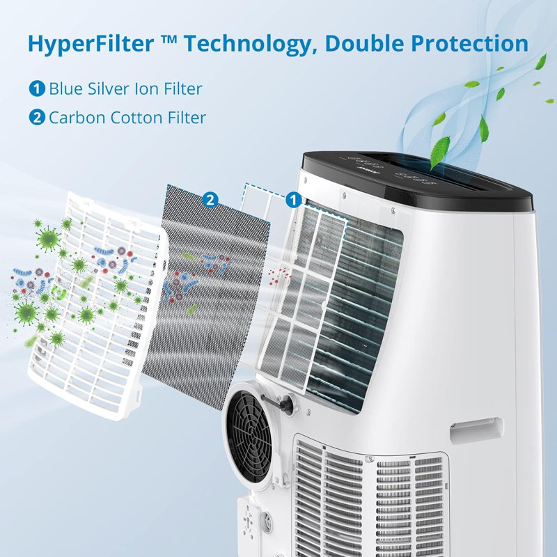 Climatiseur portatif 3 en 1 de 14 000 BTU, refroidissement, déshumidificateur et ventilateur, 3 vitesses, oscillation automatique, mode veille, minuterie 24H, télécommande, rafraîchit les pièces jusqu'à 750 pieds carrés, noir