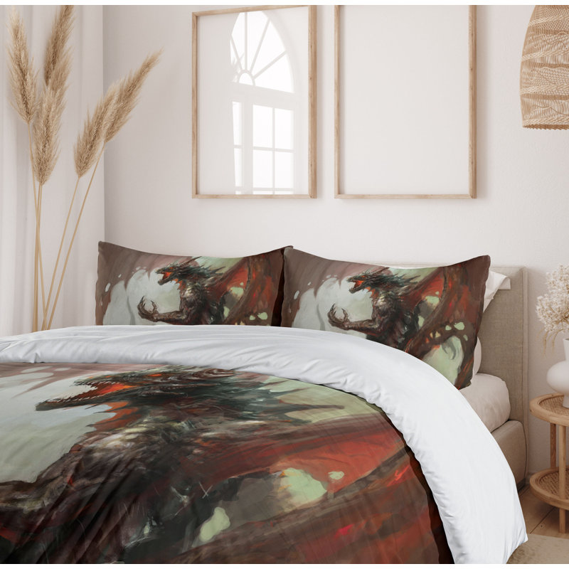King Size Grey Red Dragon Mythological Duvet Cover Set