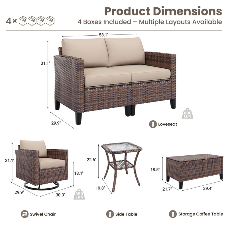 Ensemble de conversation pour patio pour 4 personnes avec table basse de rangement - structure en acier galvanisé, rotin PE, coussins à séchage rapide 4 po