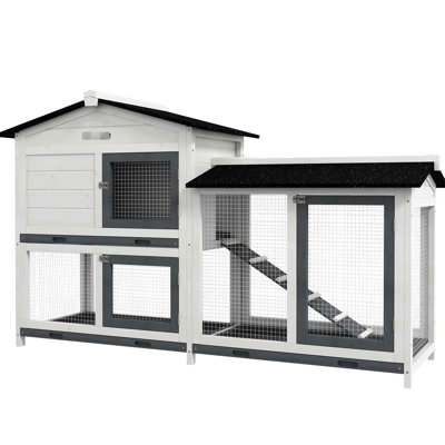 Cage à lapin blanche en bois de 62 po avec espace de couloir, construction, plateau amovible, portes verrouillables, toit en asphalte, grande cage blanche facile à nettoyer pour les lapins