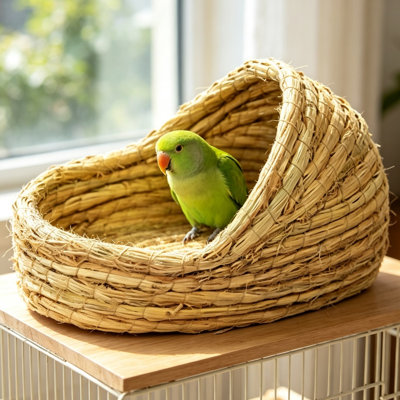 Slipper Shaped Natural Woven Straw Bird Nest, Open Front Grass Bird Hut, Resting & Breeding Bird Nest for Parakeets, Cockatiels, Finches