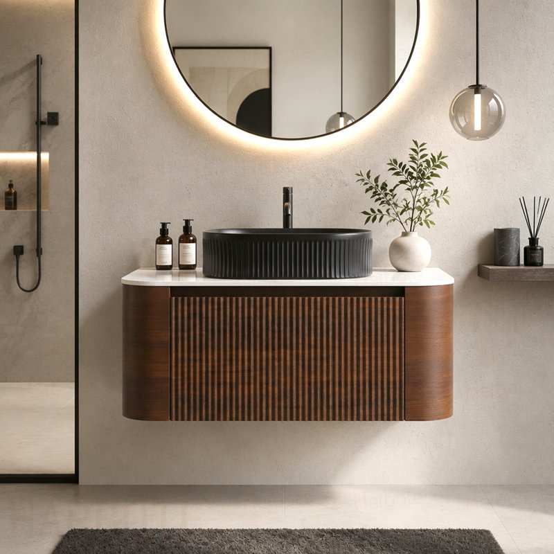 Meuble-lavabo de salle de bain avec lavabo, armoire murale en noyer avec porte-serviettes gratuit, lavabo simple en céramique rayé ovale, sans bonde ni robinet, pré-assemblé