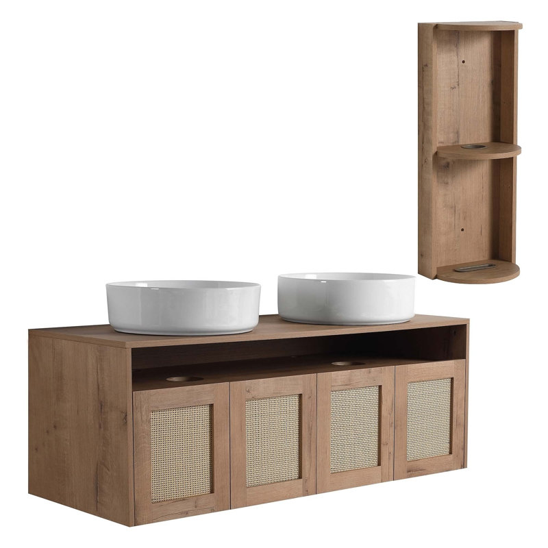 Meuble-lavabo flottant écologique avec porte à fermeture douce et grand rangement, parfait pour les maisons modernes et durables.