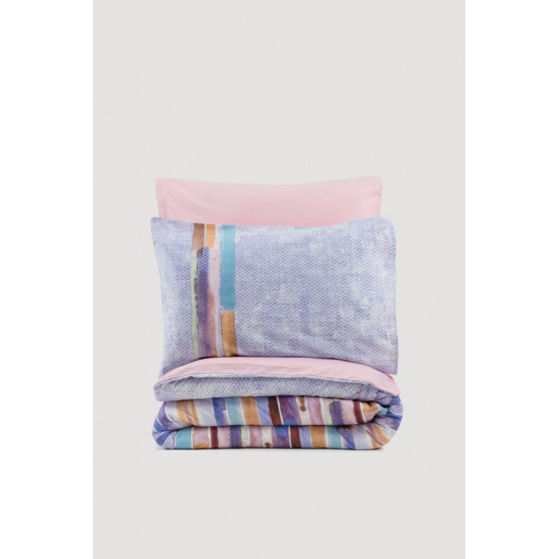 Ensemble de housse de courtepointe luxueuse simple XXL Ranforce, 61 x 87, 100% coton, rose, mauve, turquoise et brun | Lavable à la machine, 145 fils, fermeture à boutons et enveloppes | Impression de pigments éclatants pour les chambres confortables