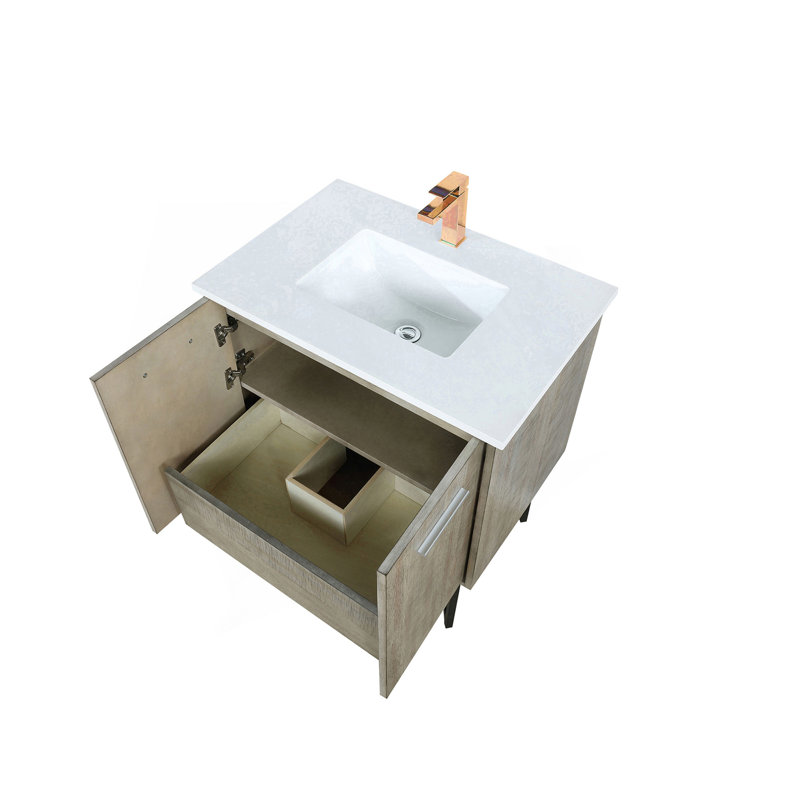 Meuble-lavabo rustique en acacia 30 po X P 20 po D, plateau en quartz blanc et robinet en or rose