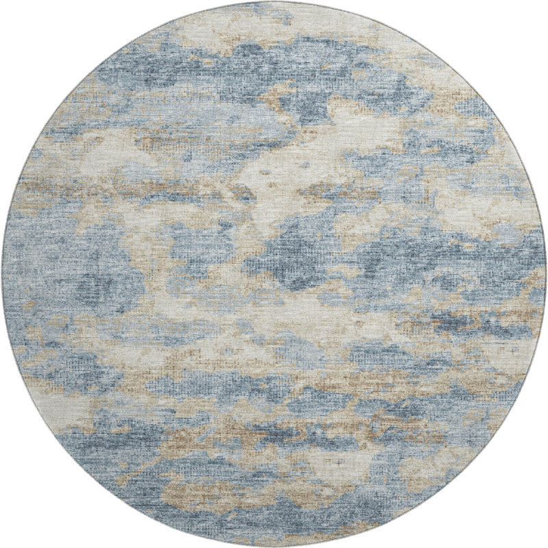 Premium Machine Washable Freixa AMF71 Blue Rug, Round 8'