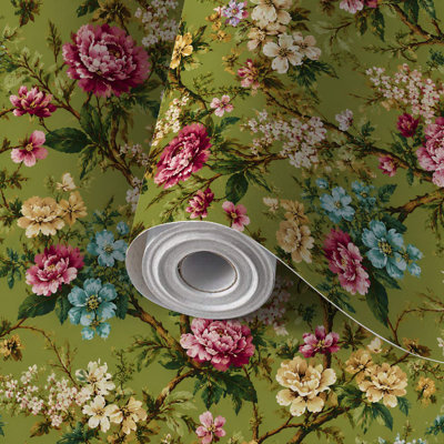 Papier de contact à peler et coller papier floral rétro fleurs colorées vertes auto-adhésif et amovible 24 po x 118 po (60 x 300 cm)