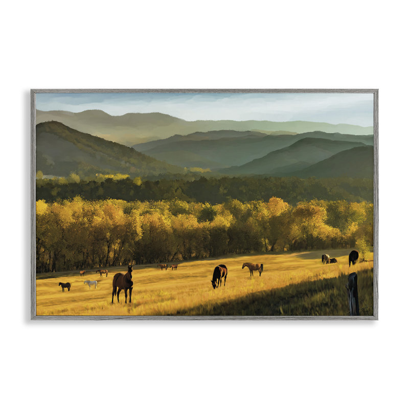Chevaux en pâture dans la vallée, estampe numérique, design par Renel Peters, H 16 po x l 24 po, Estampe numérique Farmhouse