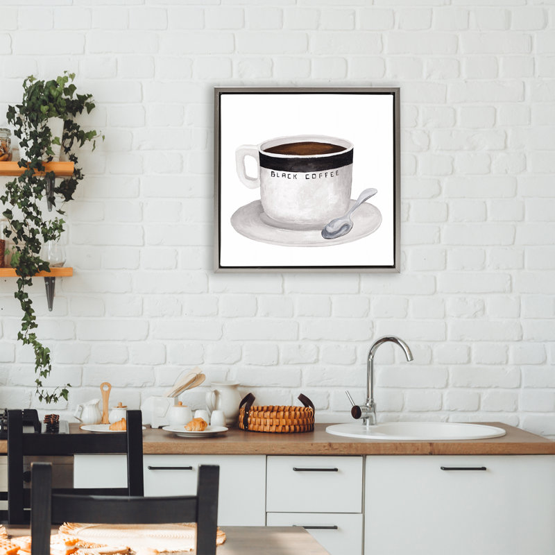 Cadre flottant noir avec tasse à café, design par Elizabeth Medley, H 18 po x l 18 po, Cadre flottant gris lustré