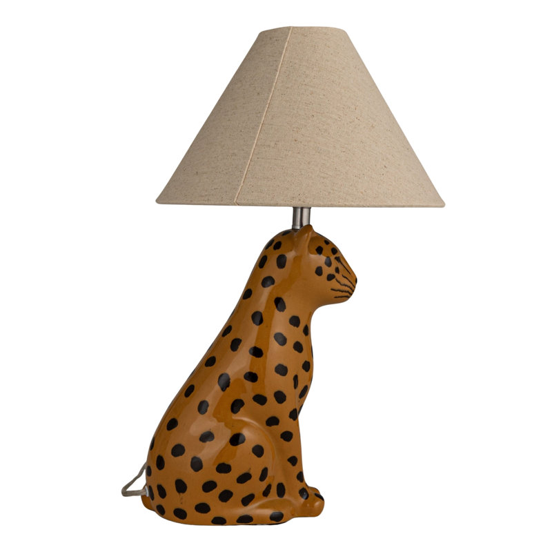 Ceramic Cheetah Table Lamp With Linen Shade And Inline Switch