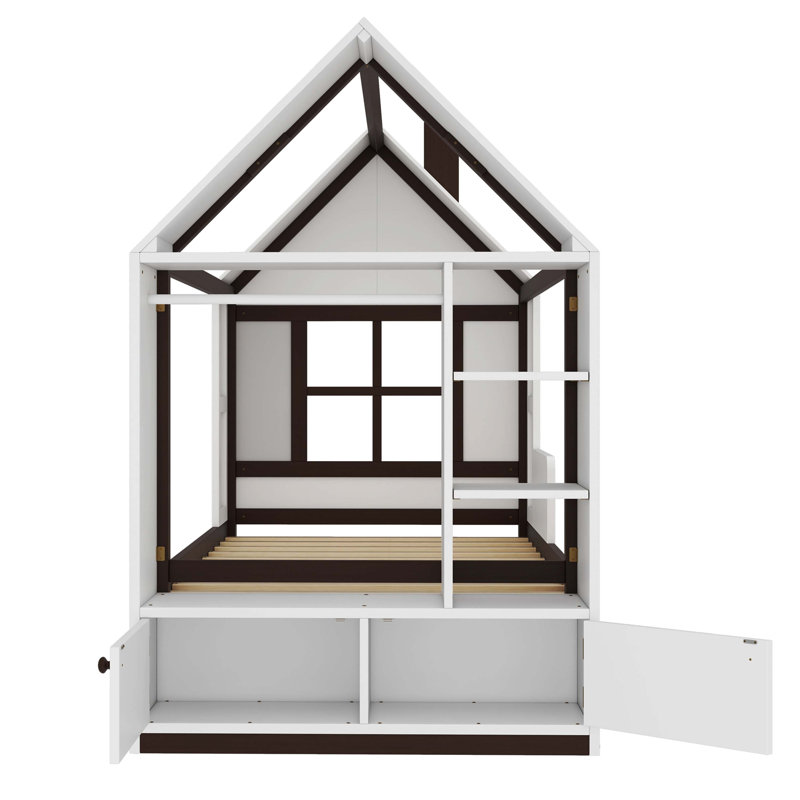 Twin-Sized House-Style Platform Bed With Drawers, Solid Wood House Bed With Shelves, Child-Friendly Design, White & Espresso