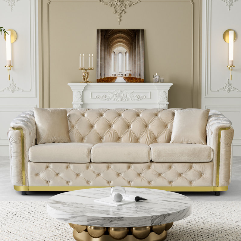 Canapé 85 po en velours Chesterfield, Beige/or